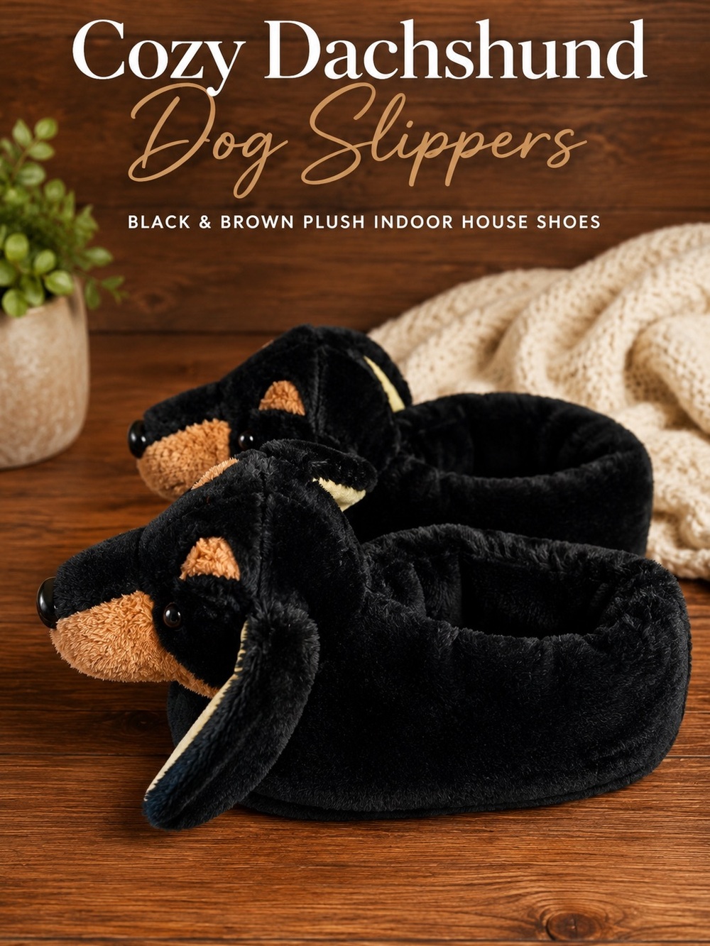 Silver Lilly Dachshund Dog Slippers Plush House Shoes Black Brown Women’s 10